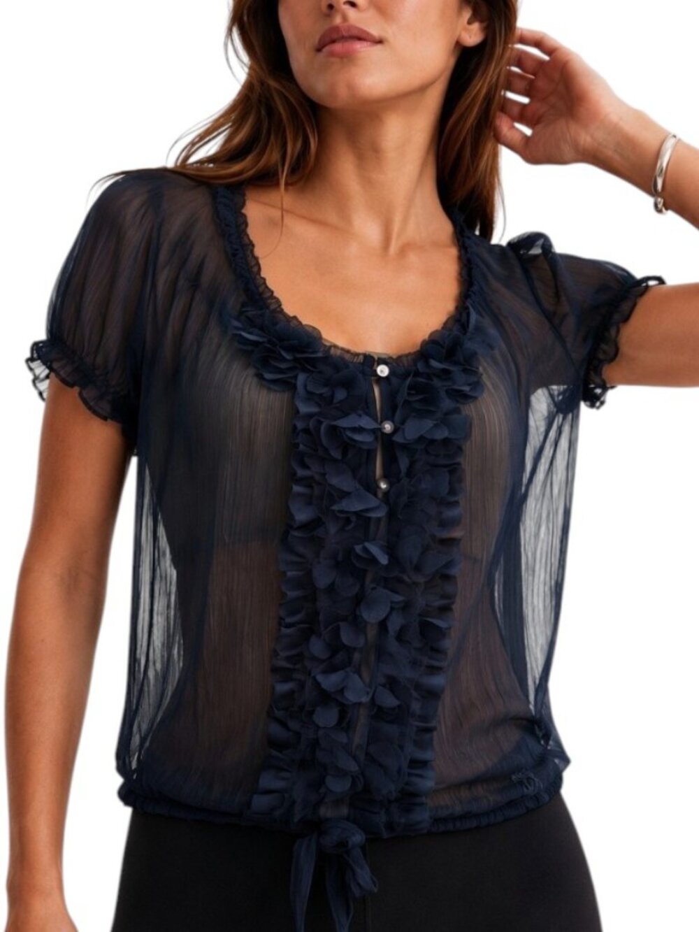 Abercrombie & Fitch Sheer Ruffled Blouse Vintage Navy Large